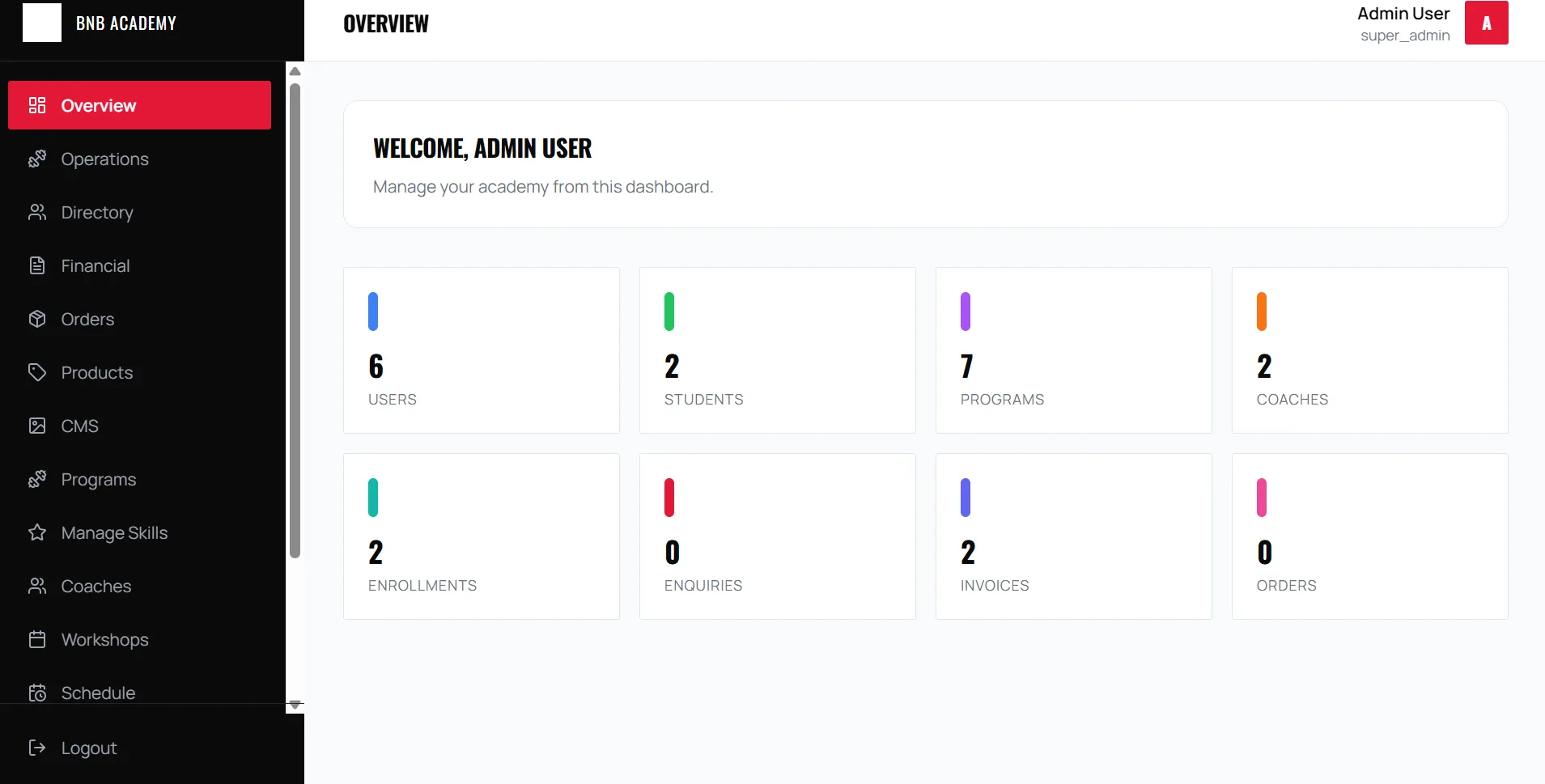 Sports academy management software dashboard showing fee collection and batch scheduling