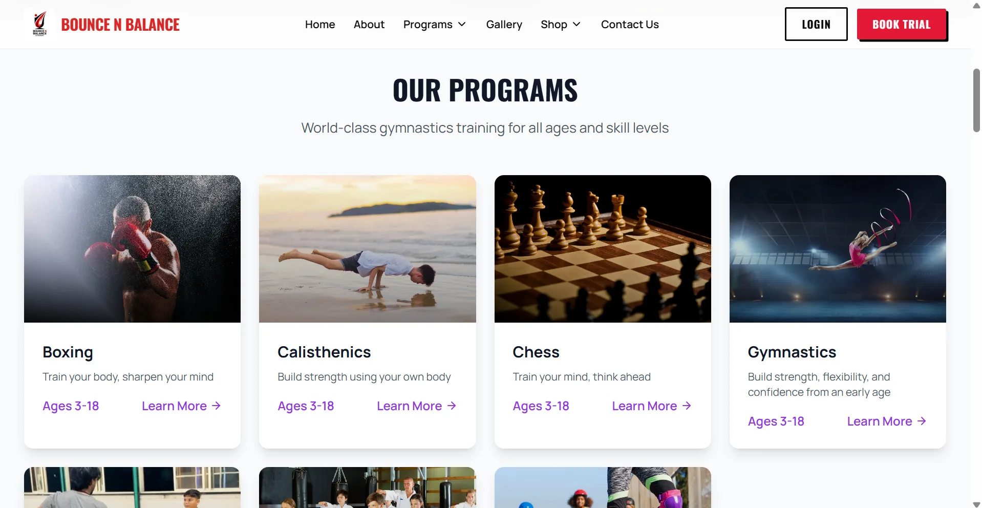 Sports academy website all programs page design