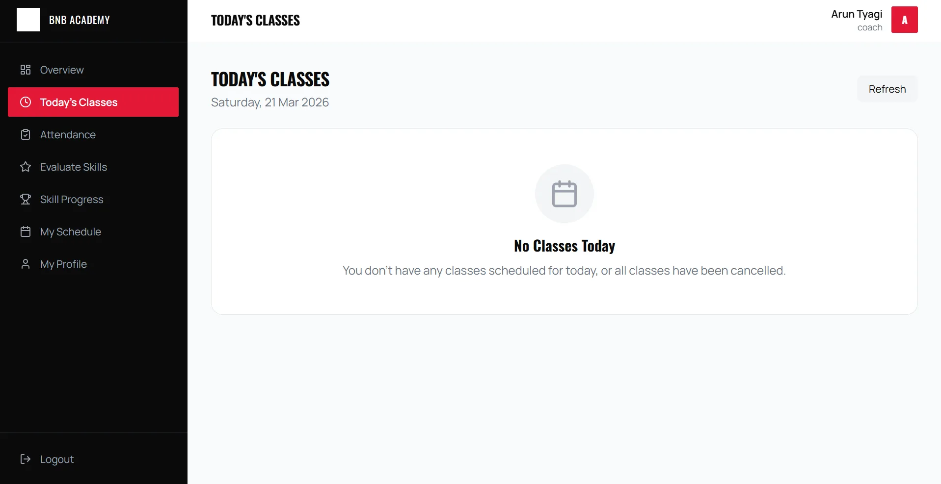 Coach dashboard interface for sports academy management software