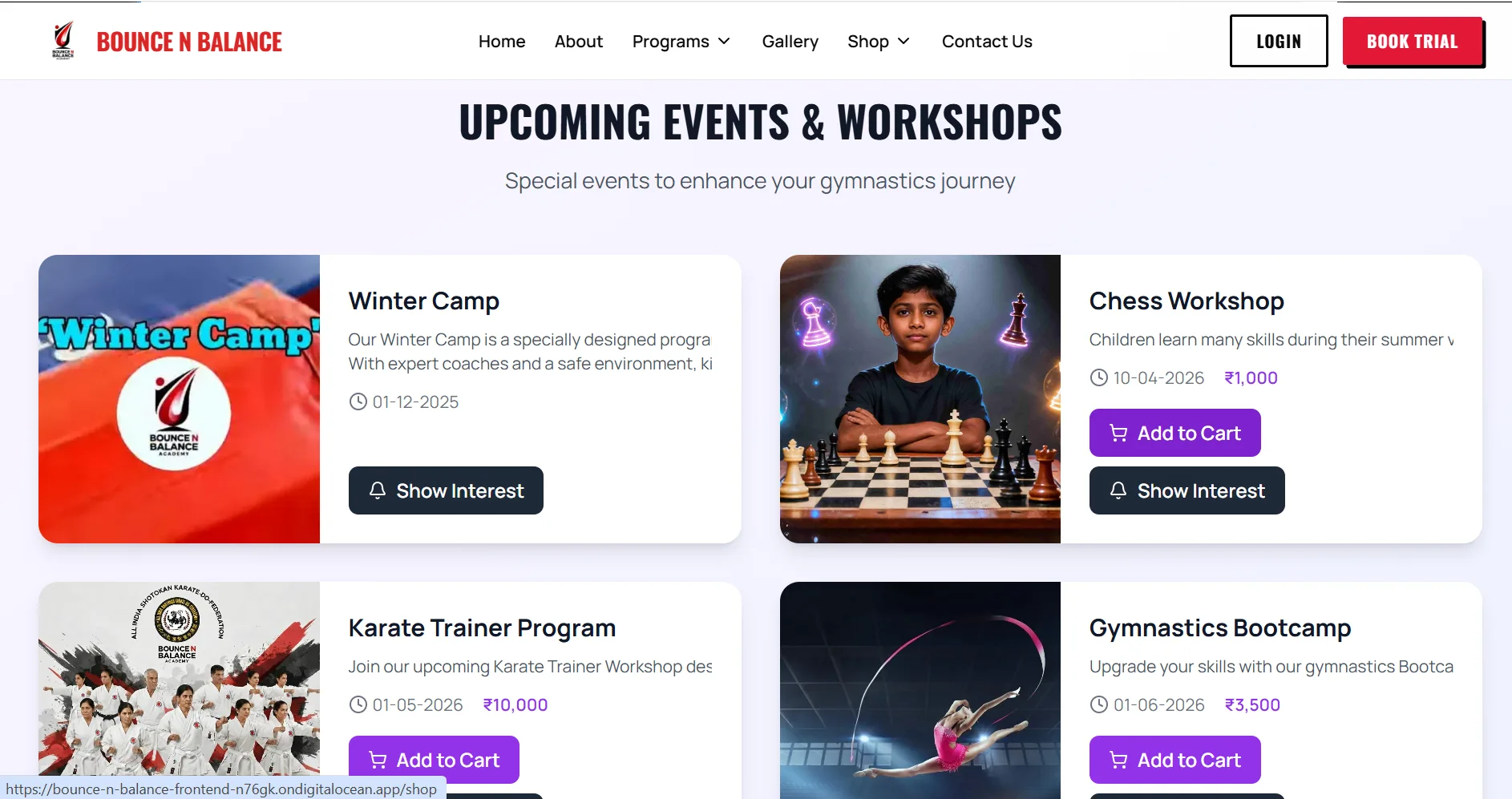 Workshop and event management view for sports academy staff